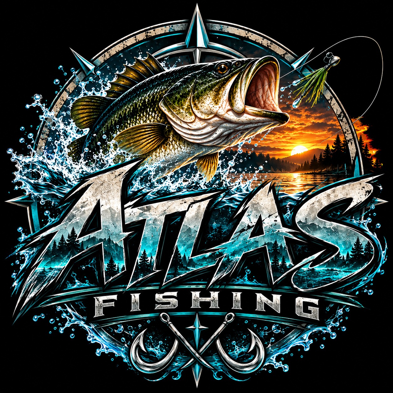 Atlas Fishing logo featuring a leaping bass, compass, teal water and a glowing sunset